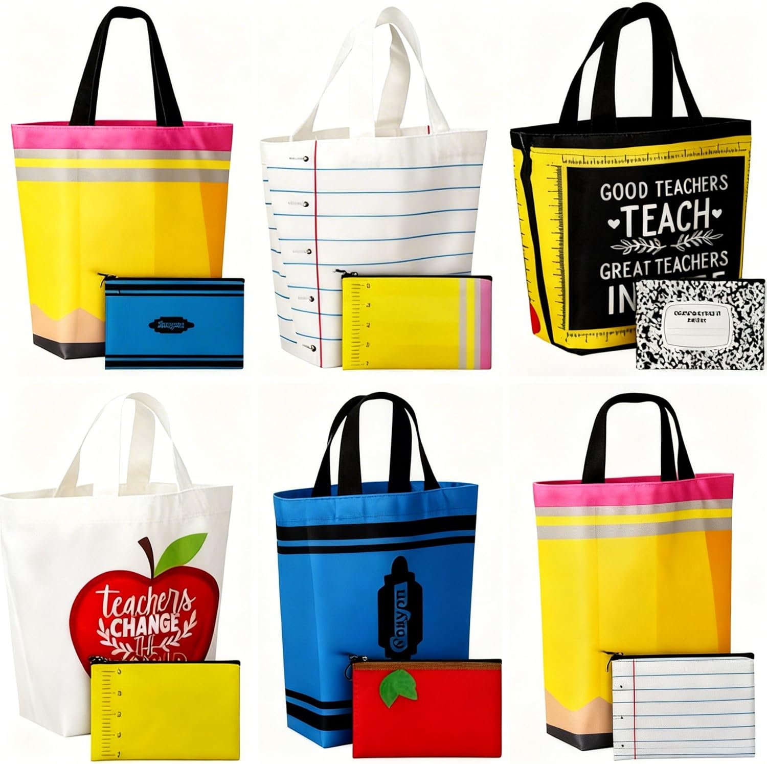 6/12 Pcs Back to School Teacher Gift Bags Canvas Tote Bags with Pencil Crayon Marble Notebook Apple Pattern Thank You Gift Handbags for Teacher Student,School Study Supplies,Welcome First Day of School Teacher Appreciation Class Rewards Graduation Gift