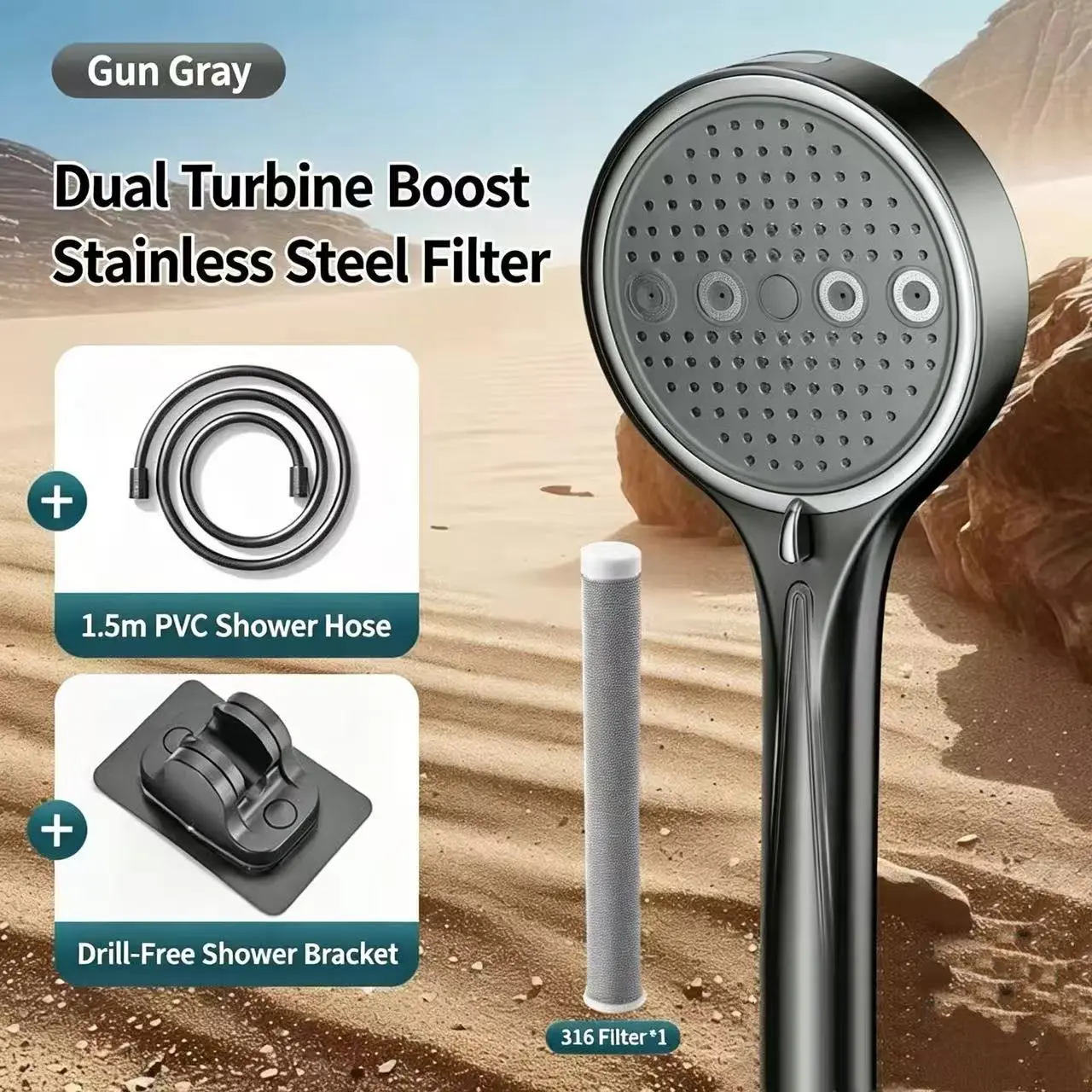 Bathroom shower head, handheld shower head. Each set contains 3 components. 6-mode handheld shower head. Purchase and get a 1.5-meter long hose and strong adhesive tape for free. Bathroom shower equipment.