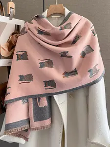 Women's Fashionable Cat Print Double Sided Scarf, Medium-Length Neck Warmer, Multi-Functional Shawl Wrap, Autumn-Winter Style Accessory