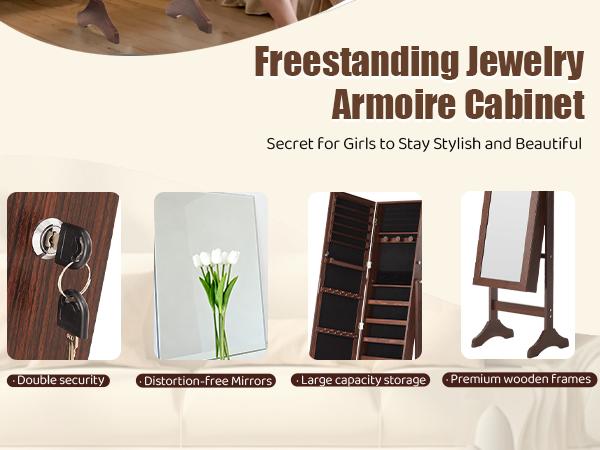 Lockable Jewelry Armoire with Full Length Mirror – Freestanding Standing Mirror Cabinet – Velvet Lining Makeup Organizer, 5 Shelves, Accessory Pouch & 3 Viewing Angles Lockable Jewelry Armoire with Full Length Mirror – Freestanding Standing Mirror Cabinet – Velvet Lining Makeup Organizer, 5 Shelves, Accessory Pouch & 3 Viewing Angles