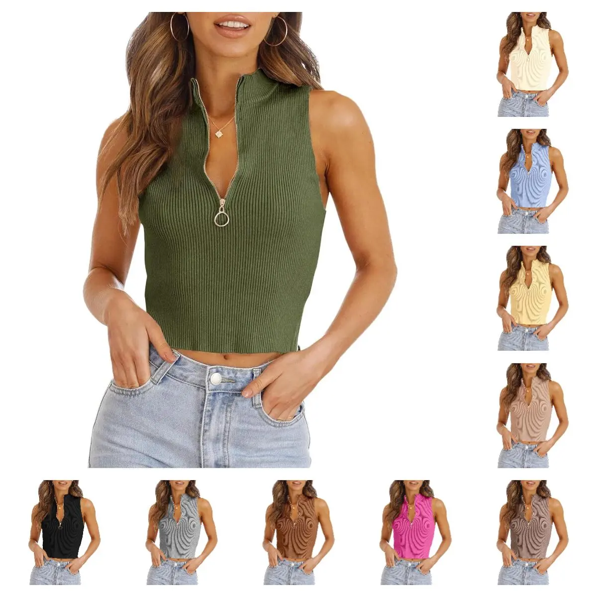 Imily Bela Womens Summer Zipper Knit Crop Tank Tops Going Out Sweater Tank Fashion Sexy Y2k Sleeveless Shirts