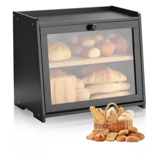 VEVOR Double Layer Bamboo Bread Box with Aesthetic Acrylic Wavy Door Lid, Large-Capacity Stainless Steel Kitchen Counter Containers, Farmhouse Storage Bin for Homemade Bread, Wooden Holder for Utensils & Board, Black