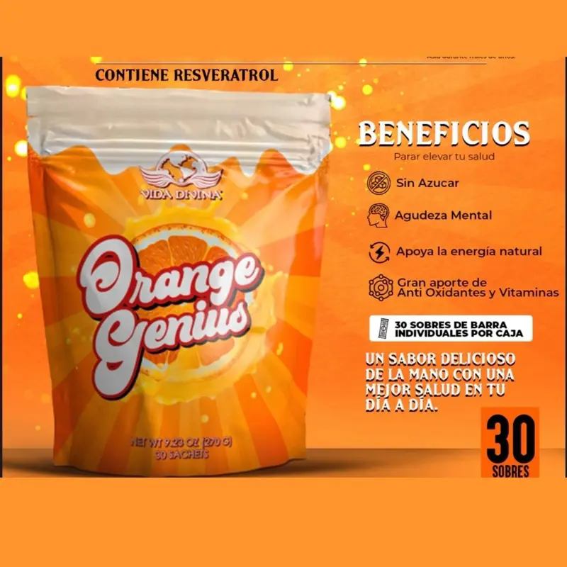 Orange Genius Juice - 30g Net Weight - Contains Resveratrol - Fruit Juice with Antioxidants and Vitamins - Beverage