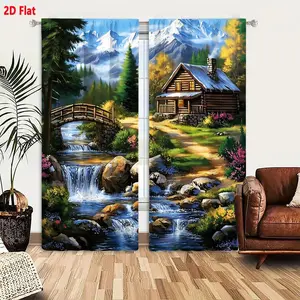 2D Flat 2 Piece Curtain Set - Rustic Log Cabin with Stone Chimney & Snowy Mountain Scenery, Vibrant Greenery & Cascading Stream Print, Cozy Home Decor for Bedroom/Living Room, Nature-Inspired Thermal Insulated Window Curtains