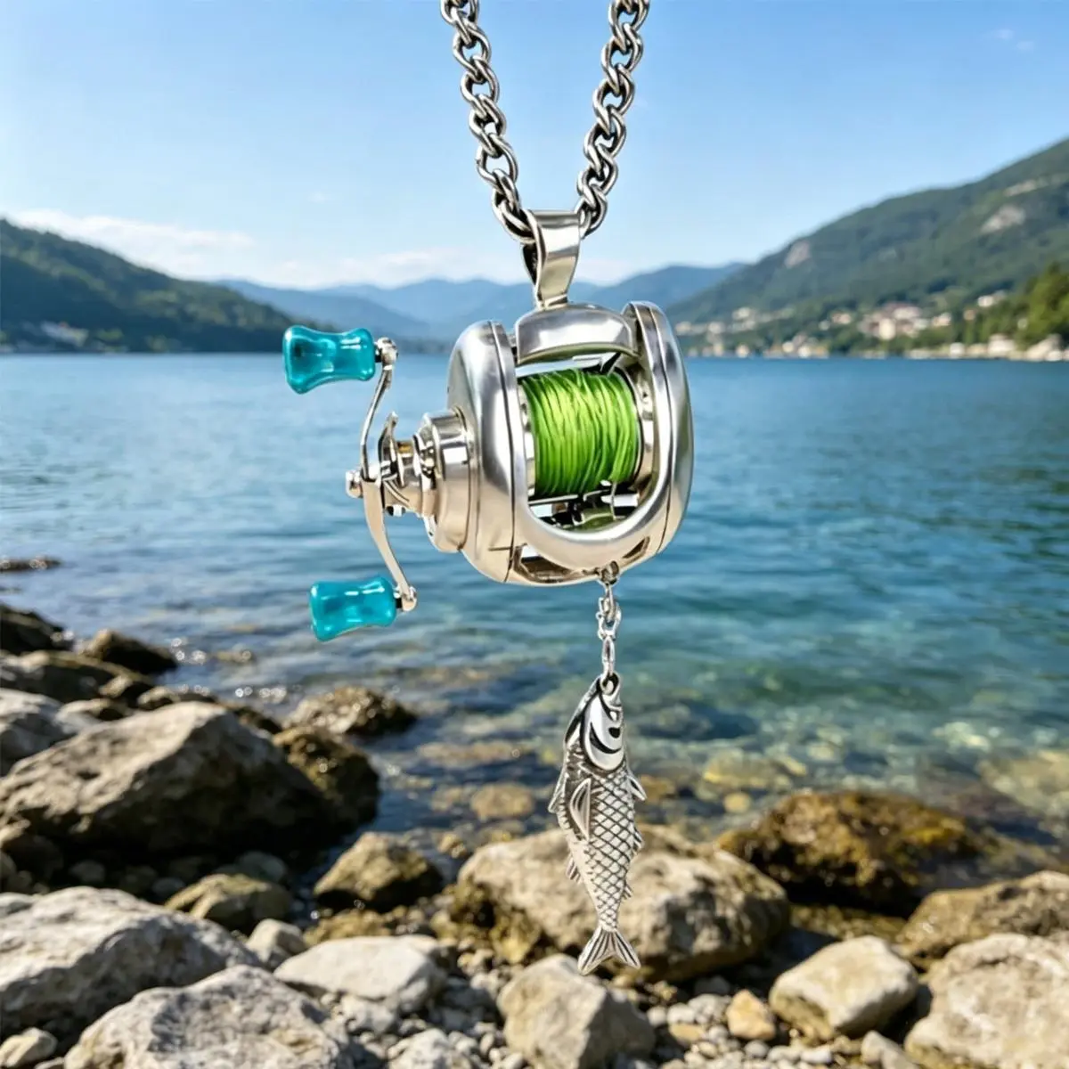 Best Gift for Men - Mini Fishing Reel Necklace or Fishing Line Ring – Functional Rotating Spinning Reel Pendant Jewelry, Unique Fishing Gift for Fishermen, Anglers & Fishing Enthusiasts, Birthday Holiday Gift