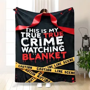 1pc True Crime Blanket - Crime Scene Design with Blood Splatter & Caution Tape, Soft Flannel Bedspread Suitable for Sofa, Bed, Office - Thriller Theme Gift for True Crime Fans