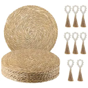 7 pcs Woven Placemats Set Round Natural Water Hyacinth Rattan Placemats and Wood Bead Napkin Rings for Farmhouse Dining Table Decor