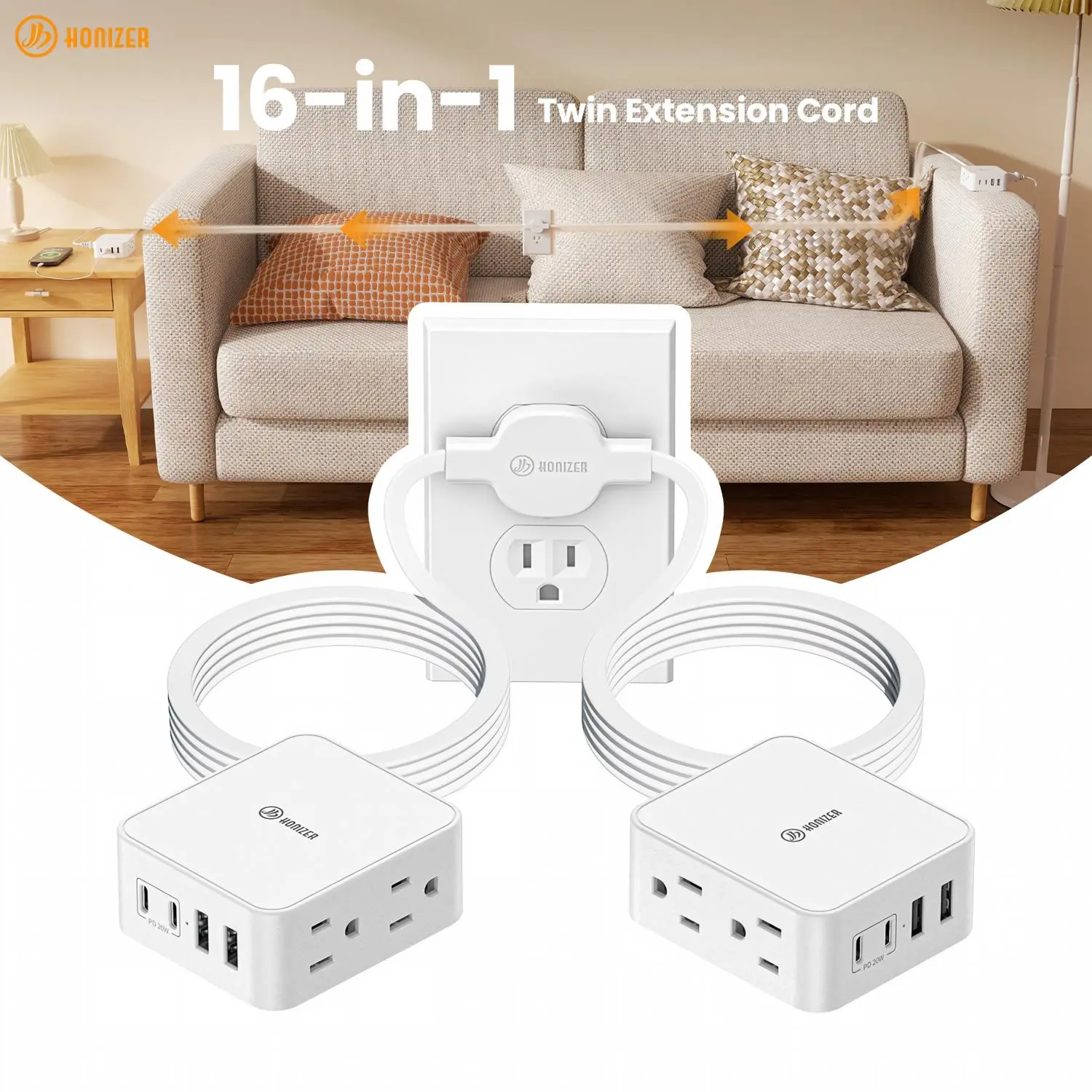 HONIZER 12FT Twin Shell Surge Protection Strip Plug Extender Socket - 20W Functional Type-C Charging Accessory, 4 AC Outlets, 4 USB Ports, Flat Plug Split Extension Cord for Bedroom, Home Office Multi-Port Wall Outlet Sockets, Multi-Port Sockets