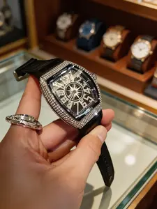 High-End Men's Watch, Quartz Watch, Full Diamond Barrel Shape, Compass Dial, Leather Strap, Hip-Hop Style, Perfect Gift for Him