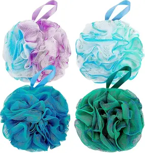 Bath Shower Loofah Sponge 60g Bath Mesh Pouf Shower Ball Body Scrubber Exfoliating Bath Sponge for Women and Men, Set of 4, Flower