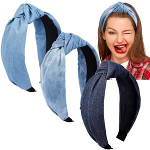 3 count Jean Denim Headband Knot Headband for Women Hair Band Elastic Knotted Blue Headbands Hair Accessories Headwear for Women, 3 Colors