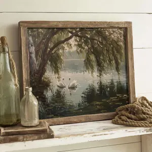 Cottage House Decor, Moody Printing Print, Swan Lake, Cottagecore Wall Art, Nature Artwork, Unframed, Room Decor