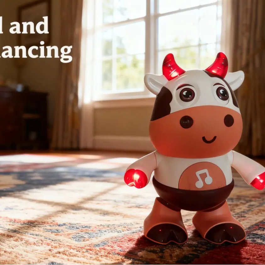 Sensory Musical Light Up Dancing Cute Cow Interactive Baby Toy - Classic Orange-White-Brown Plump Body, Big Lively Eyes, Signature Cow Horns - Gifts for 3-9 Year Old Kids
