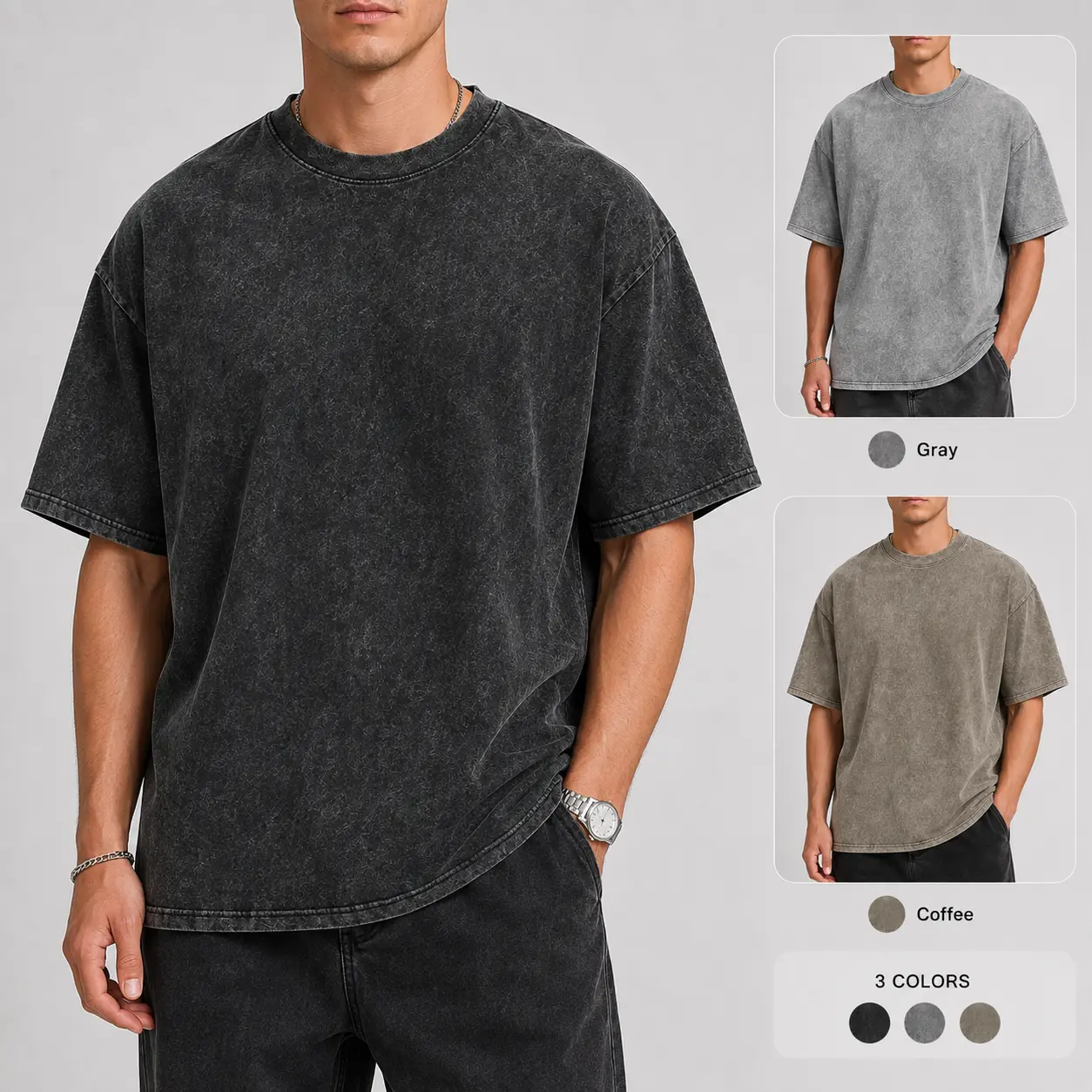 Men's Oversized Acid Wash T-Shirt, Heavyweight Cotton Vintage Washed Crew Neck Short Sleeve Loose Fit Streetwear Tee