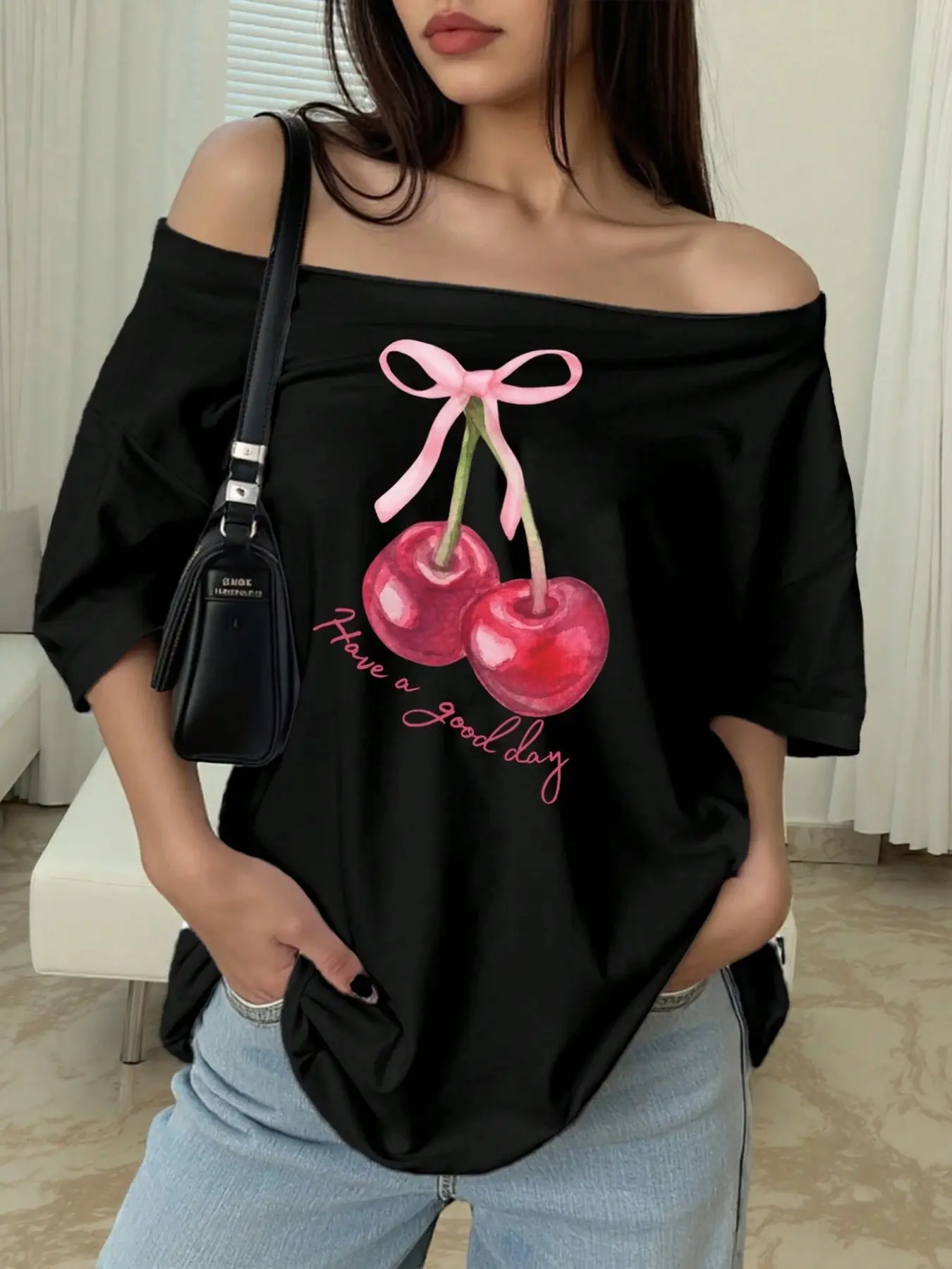 Watercolor Cherry Bow 'Have a good day' Coquette Black Off-Shoulder Oversized T-Shirt, Casual Summer Tee, Casual Y2K Sweet Girl Streetwear Top, Premium Cotton Fabric, Girly Aesthetic, Iconic Cherry & Slogan Print, Versatile Daily Wear, Summer