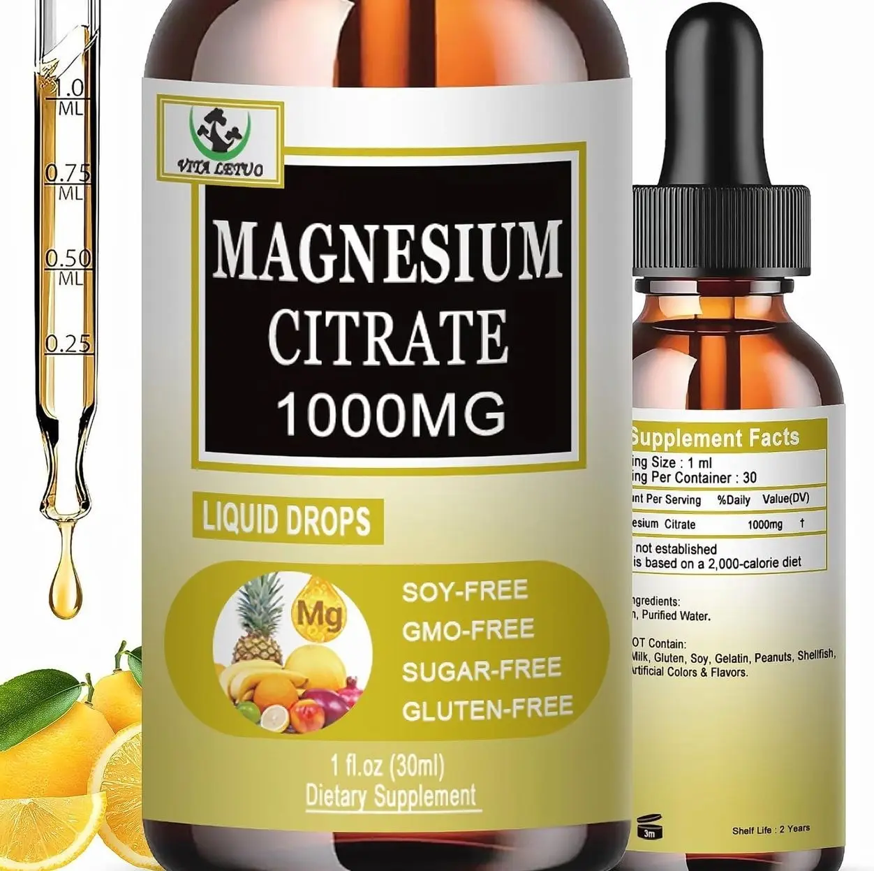 Magnesium Citrate Liquid Drops | High Absorption Liquid Magnesium Supplement for Sleep, Muscle & Heart Support - Magnesium Citrate 1000mg for Adults Women & Men - Vegan | Non-GMO - 30 Servings