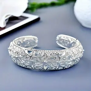 Elegant and Adjustable 925 Sterling Silver Cuff Bracelet - Hypoallergenic, Complex Floral Design, Perfect Holiday Gift for Her, Lightweight 1.12 ounces - Suitable for Parties and Daily Wear, Feet, Openings, Mothers
