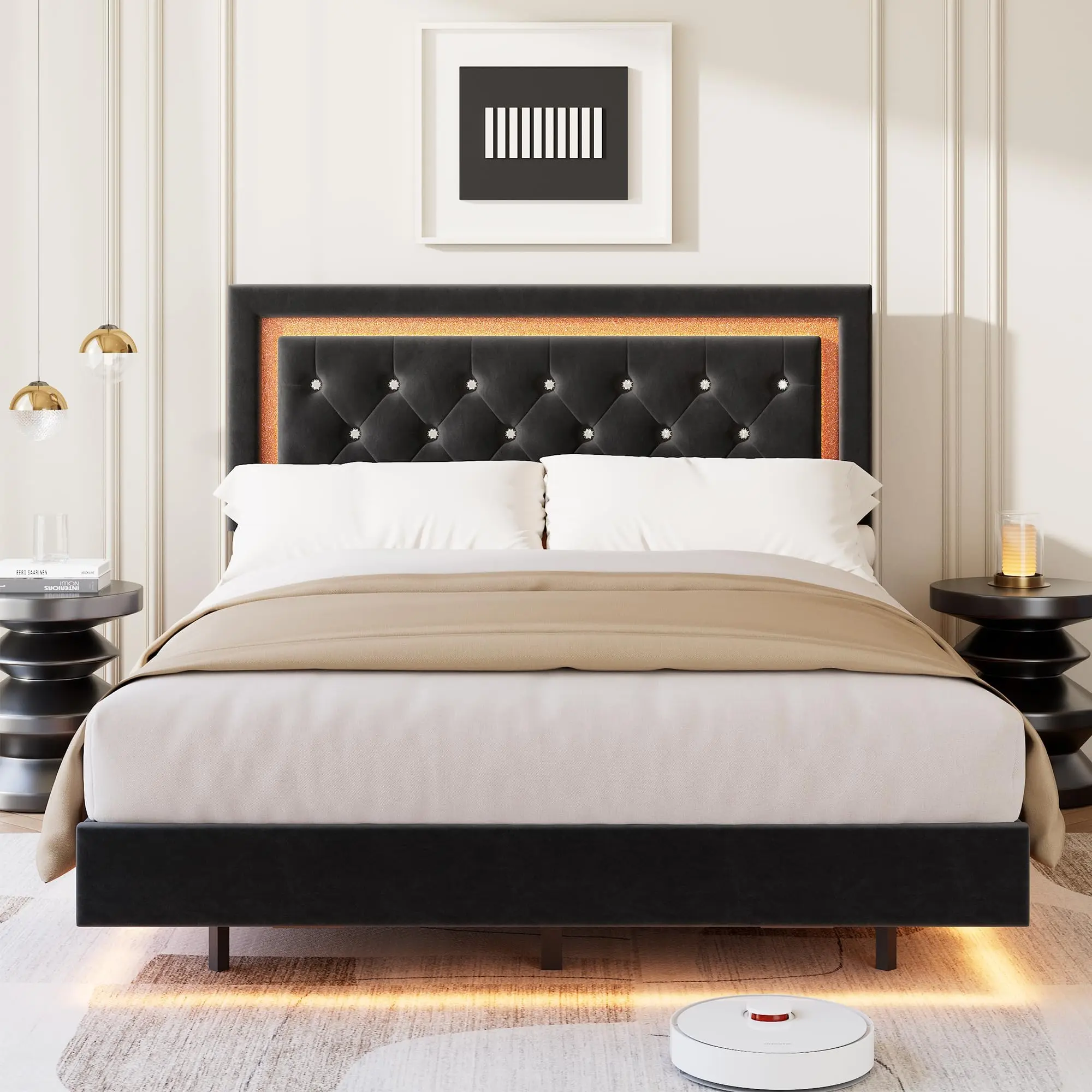 Minimalist Queen Size Rectangular Black Floating Built-In LED-Lit Bed Frame - Smart LED Lighting, Diamond Stitch Upholstered Padded Headboard, Solid Wood Slats Support, No Box Spring Needed, Noise-Free, Easy Install, Easy Assembly