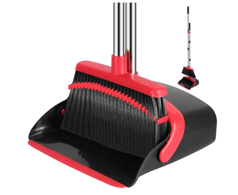 NACENA Broom and Dustpan Set, 52-in Long Adjustable Handle Broom Dustpan Combo with Dustpan Teeth to Automatically Clean Hair Suitable for Home Kitchen Office Hall Floor（Black&Red）