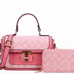 Set of 2 Pink Patterned Handbags & Wallets with Gold Hardware for Elegant Style