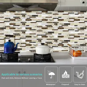 12/24/48PCS Teal-Gray Gradient Thin-Strip Stone-Look Wall Stickers | PVC Crystal Film | Waterproof Oil-Proof Self-Adhesive for Kitchen Bathroom(XY-HTP)