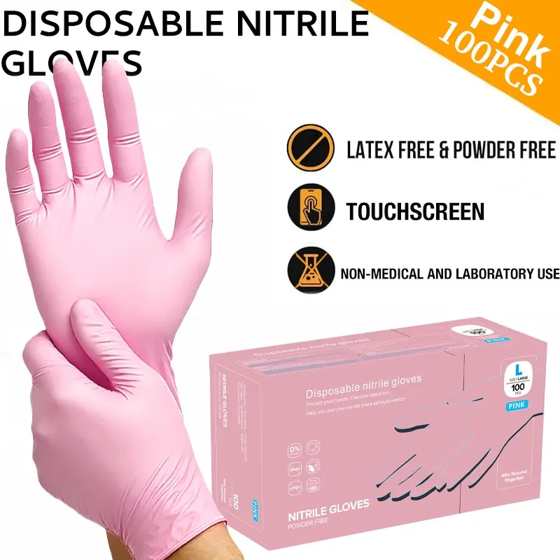 100pcs/box, disposable pink nitrile household cleaning gloves, Gloves for washing dishes, powder-free, latex-free, waterproof, PVC material, ideal for cleaning, kitchen, dishwashing, pet washing
