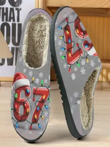 Christmas Number Light Fun Theme Cotton Slippers, Snow Base with Colorful Lights, Soft Plush Lining, Casual Fall & Winter Home Shoes