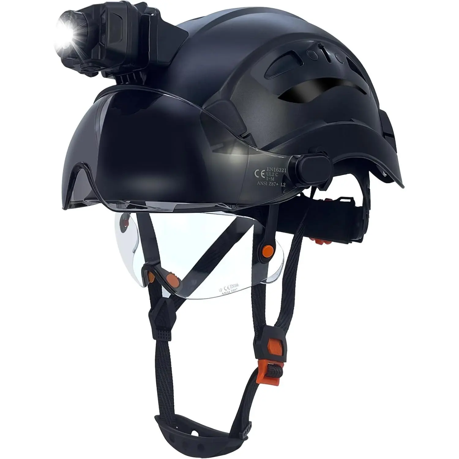 High Visibility Construction Hat with Built-in visor and Light, Adjustable Breeze Vents, 6-Point Comfort Suspension, Detachable Face Shield, Lightweight Hard Cap for Outdoor Night Work, Caving, Hiking, Mining, One Size Fits Most (with Secure Ratch