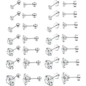 FINREZIO 14 Pairs Silvery Dazzling Cubic Zirconia Hypoallergenic Stud Earrings Set for Women Men Multiple Sizes Clear CZ Ball Back Screw Back Earrings Stainless Steel Dainty Cartilage Piercing Jewelry for Daily Wear Parties Sensitive Ears