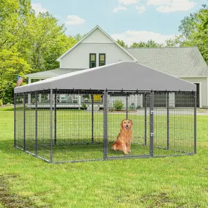 [2 Packages Shipping] Gotland Large Outdoor Dog Kennel,W 118" x D 118" x H 70" with Fully Covered Roof,Rustproof Outdoor Dog Fence with Double Security Locks,UV and Waterproof Cover,Metal Mesh Dog Enclosures for Farm
