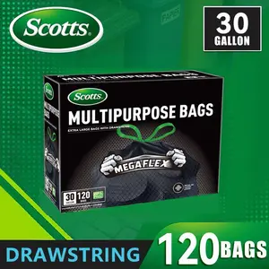 Scotts 120 Bags 30 Gallon Box Disposable Non-Rip Black Large Drawstring Garbage Bags, Suitable for Large Kitchen Garbage Cans, Super Strong 113.5L , Garden, Home, Commercial Multi-purpose Trash Bag