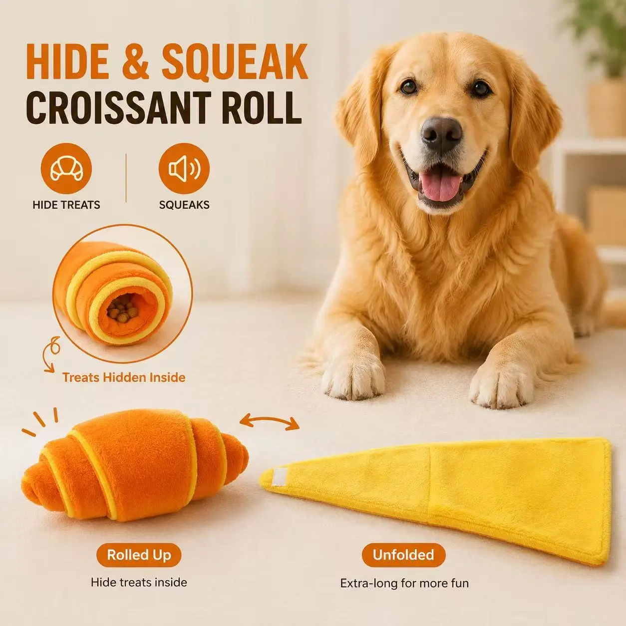 Hide & Squeak Croissant Roll Interactive Treat-Hiding Dog Toy with Crinkle Sound, Soft Plush Snuffle Toy for Indoor Play, Treasure Hunt, Croissant Shape