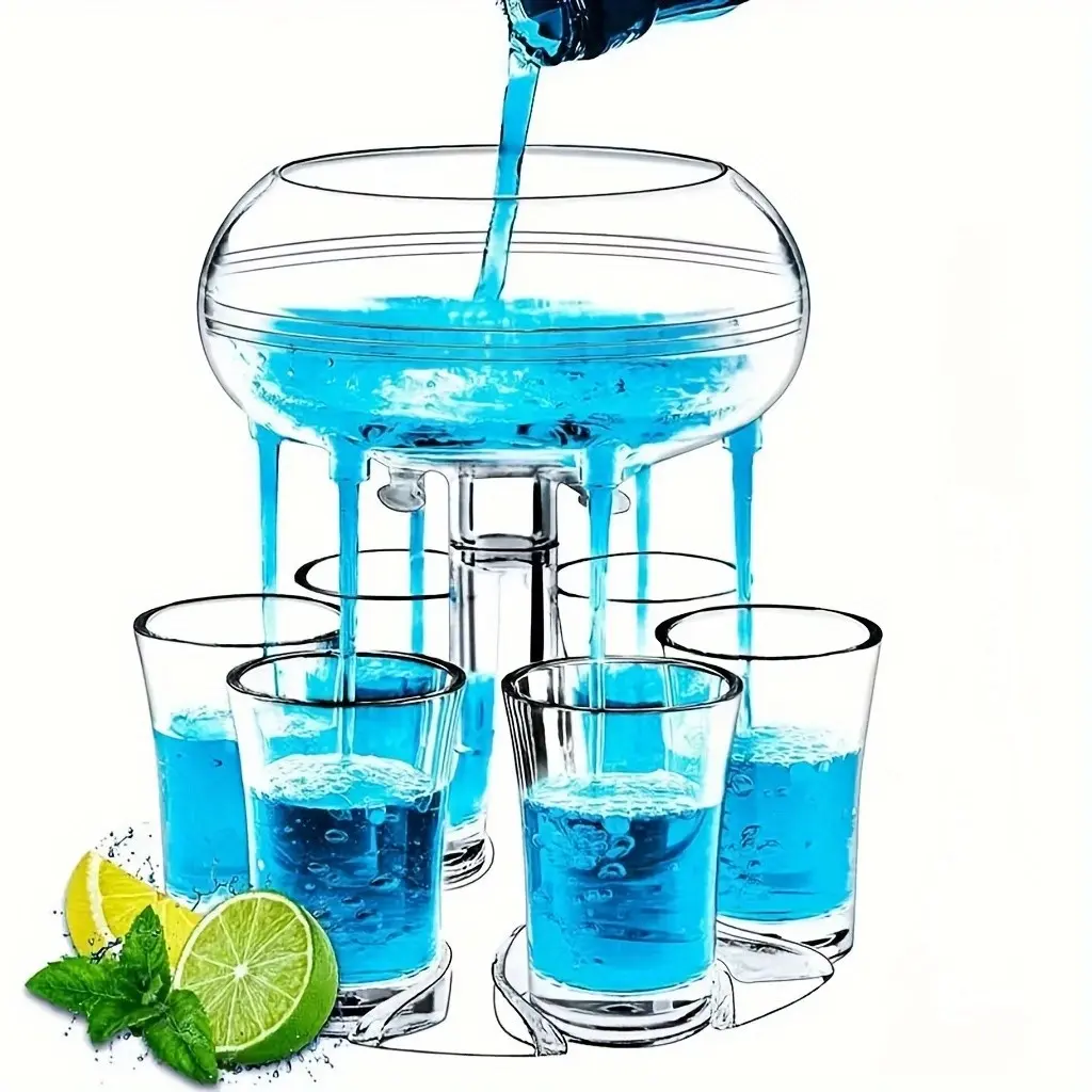 Shot Glass Dispenser Gift Set, Party Supplies with 6 Glass Cups, Acrylic Shot Glasses, Drink Dispenser with Easy Pouring for Home Kitchen Bar Gatherings, Packaging Included