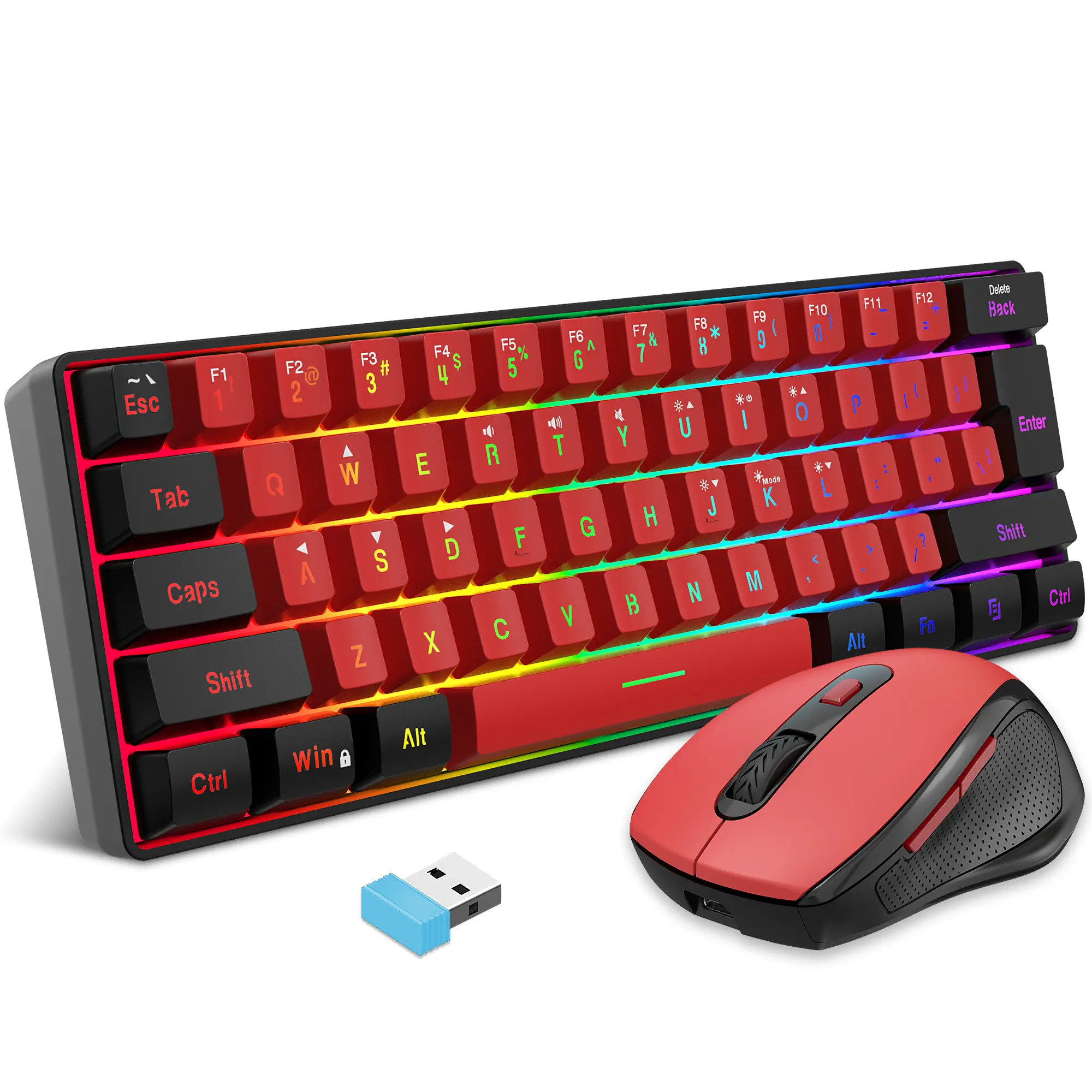 Snpurdiri 2.4G Wireless Gaming Keyboard and Mouse Combo, 60% Compact Wireless Keyboard + Ergonomic Vertical Feel Mouse, Red and Black for PC Gamers
