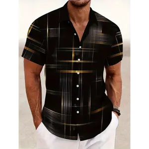 [Golden Shirt] Lightweight Hawaiian Shirt | Men's Short Sleeve Button-Up with 3D Golden Glitter Print  Black & Golden Plaid Design | Perfect for Beach Vacations and Summer Outings