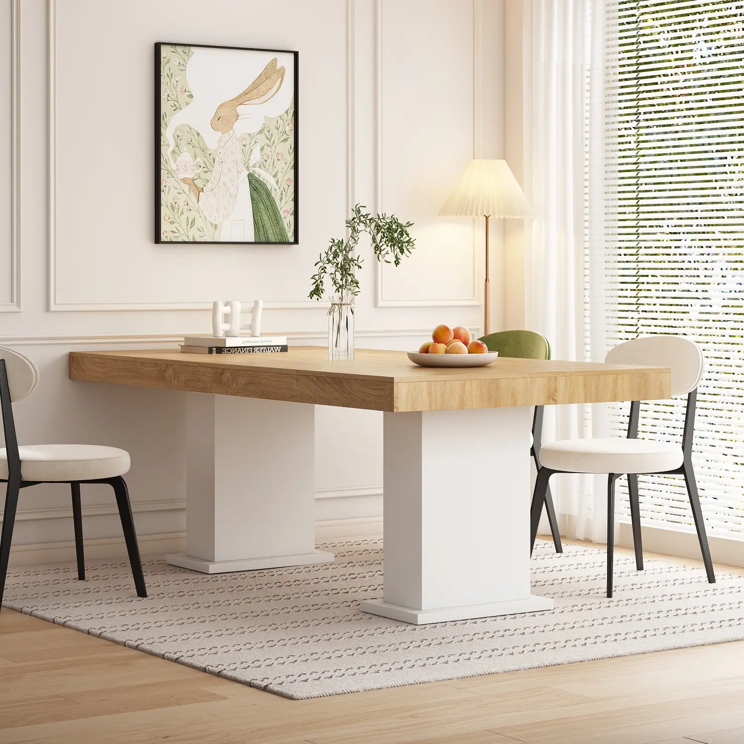 78.7" L Large Rectangular Dining Table - Pedestal Legs Wood Table for 8-10 People (White & Light Brown)