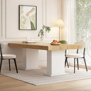 78.7" L Large Rectangular Dining Table - Pedestal Legs Wood Table for 8-10 People (White & Light Brown)