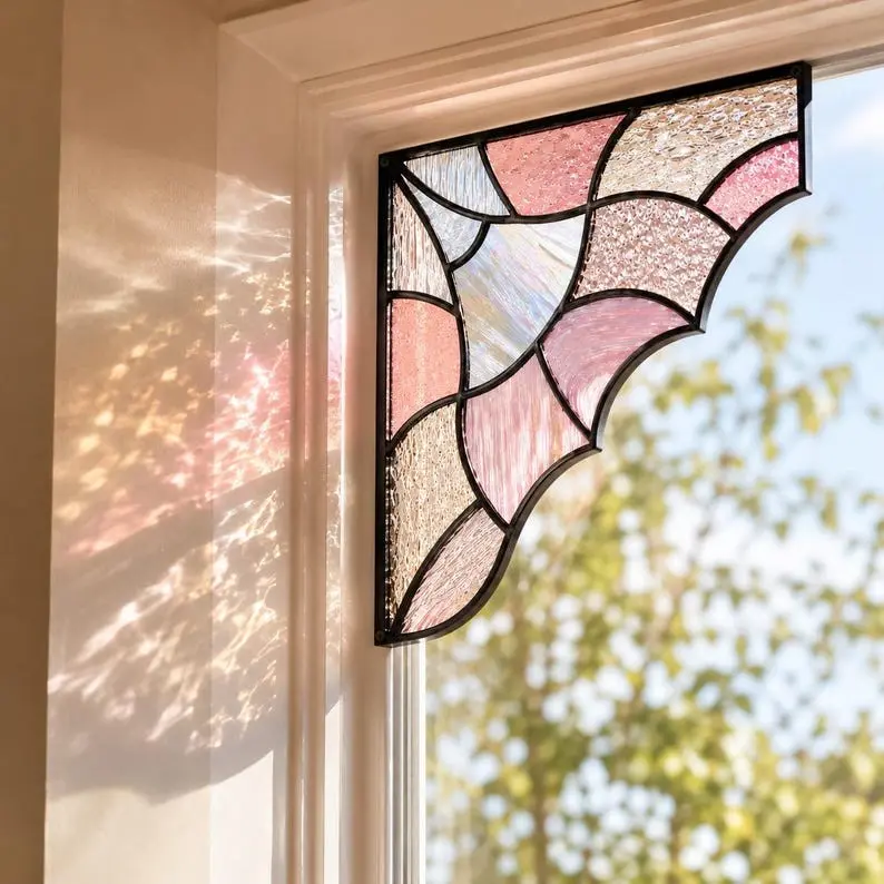 Stained Glass Window Corner Decor, Pink Aurora Glass Suncatcher, Screw Hole Window Hanging, Cottagecore Room Decor, Gift for Women