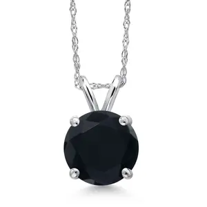Gem Stone King 14K White Gold Black Onyx Pendant Necklace for Women | 1.65 Cttw | Gemstone December Birthstone | Round 8MM | With 18 Inch Chain