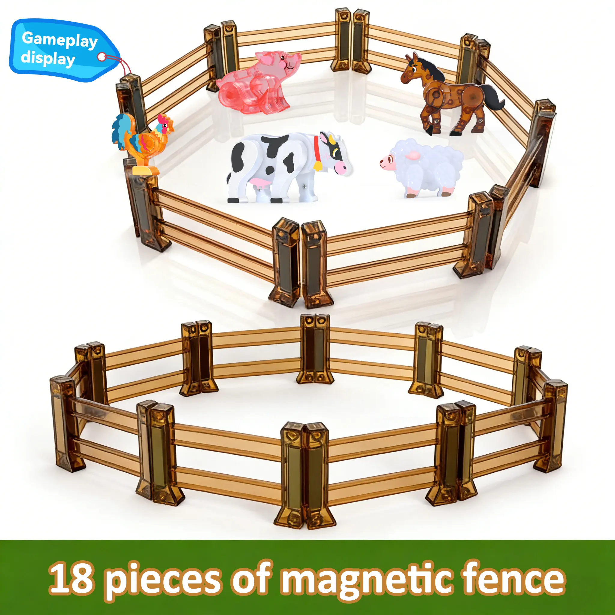 18PCS magnetic fence toys, children's farm animal fence, compatible with magnetic tiles, children's farm toy accessories, educational block farm, animal, dinosaur toy accessories, birthday and Christmas gifts