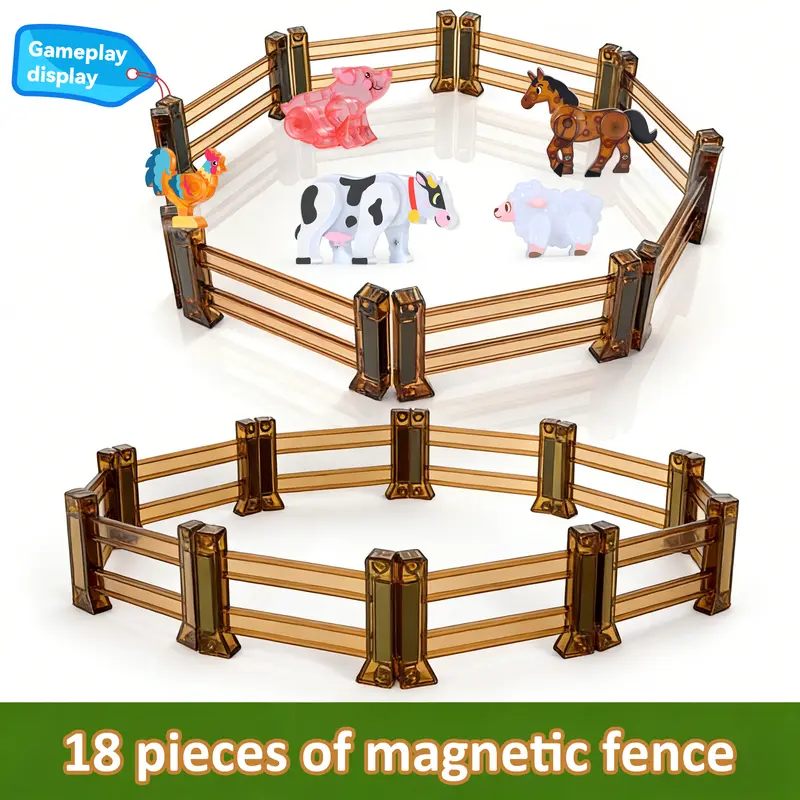 18PCS magnetic fence toys, children's farm animal fence, compatible with magnetic tiles, children's farm toy accessories, educational block farm, animal, dinosaur toy accessories, birthday and Christmas gifts