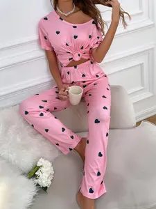 Women's Heart Love Print Tee & Pants Pyjama, Cute Casual Comfy Round Neck Short Sleeve T-shirt & Trousers PJ Set, Ladies Sleepwear for All Seasons, Loungewear, Homewear, Pajama Set, Soft Lounge Sets