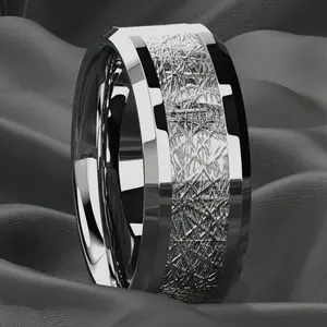 Atop Jewelry 8mm Silver Stainless Steel Ring with Simulated Meteorite Inlay, Stylish Wedding Band for Men and Women