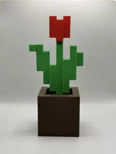 Minecraft Flower Decor – 3D Printed Pixel Tulip in Pot, Gamer Desk Ornament