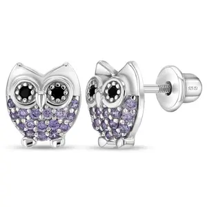 Hoot CZ Owl Baby / Toddler / Kids Earrings Screw Back - Sterling Silver