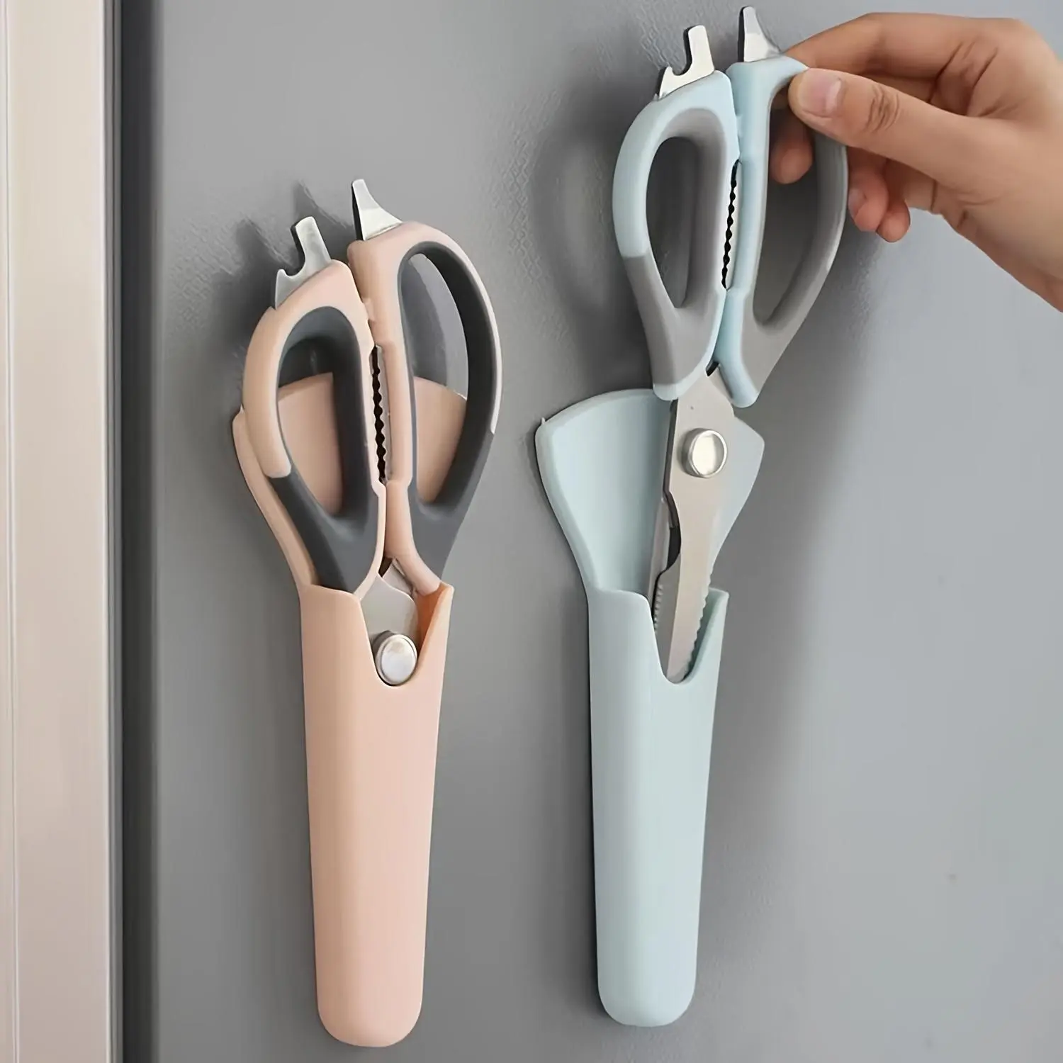 7-in-1 Multifunctional Kitchen Scissors with Magnetic Holder - Detachable Stainless Steel Food Scissors for Meat, Fish, Poultry, Ergonomic Handles, Pastel Pink & Light Blue, Compact Storage Design Blade Green Gray