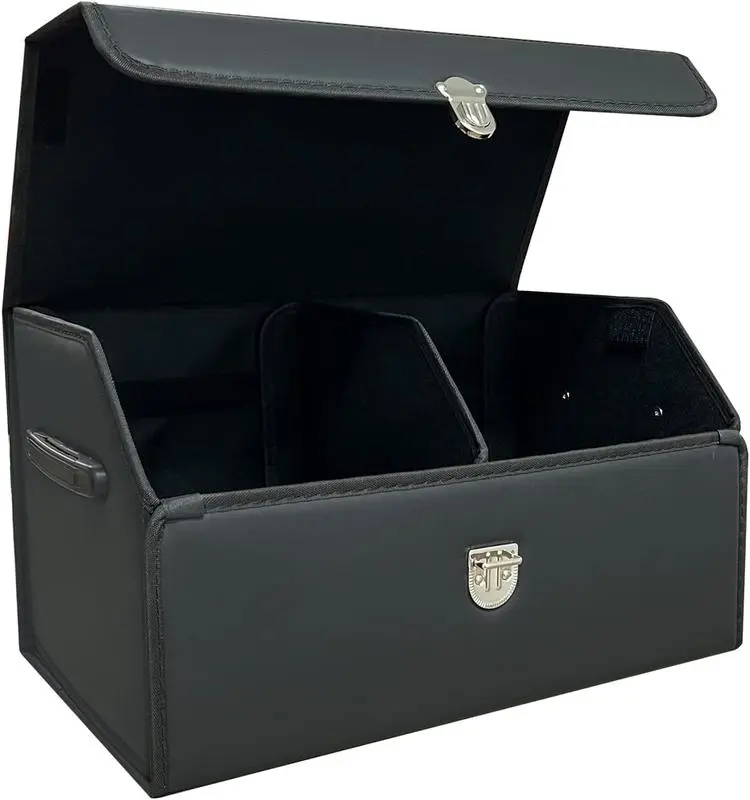 Small Black PU Leather Car Trunk Organizer with Dust Cover - Wear-Resistant, Lidded, Foldable, Reinforced Stitching, Multi-Functional Cargo Storage Box for SUV and Sedan Outings