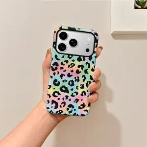 Rainbow leopard print pattern, durable and shock-absorbing glossy 2-in-1 phone case, suitable for iPhone 17 16 15 14 13 12 11 X, Samsung and other series models, can be given as a holiday gift to friends or home