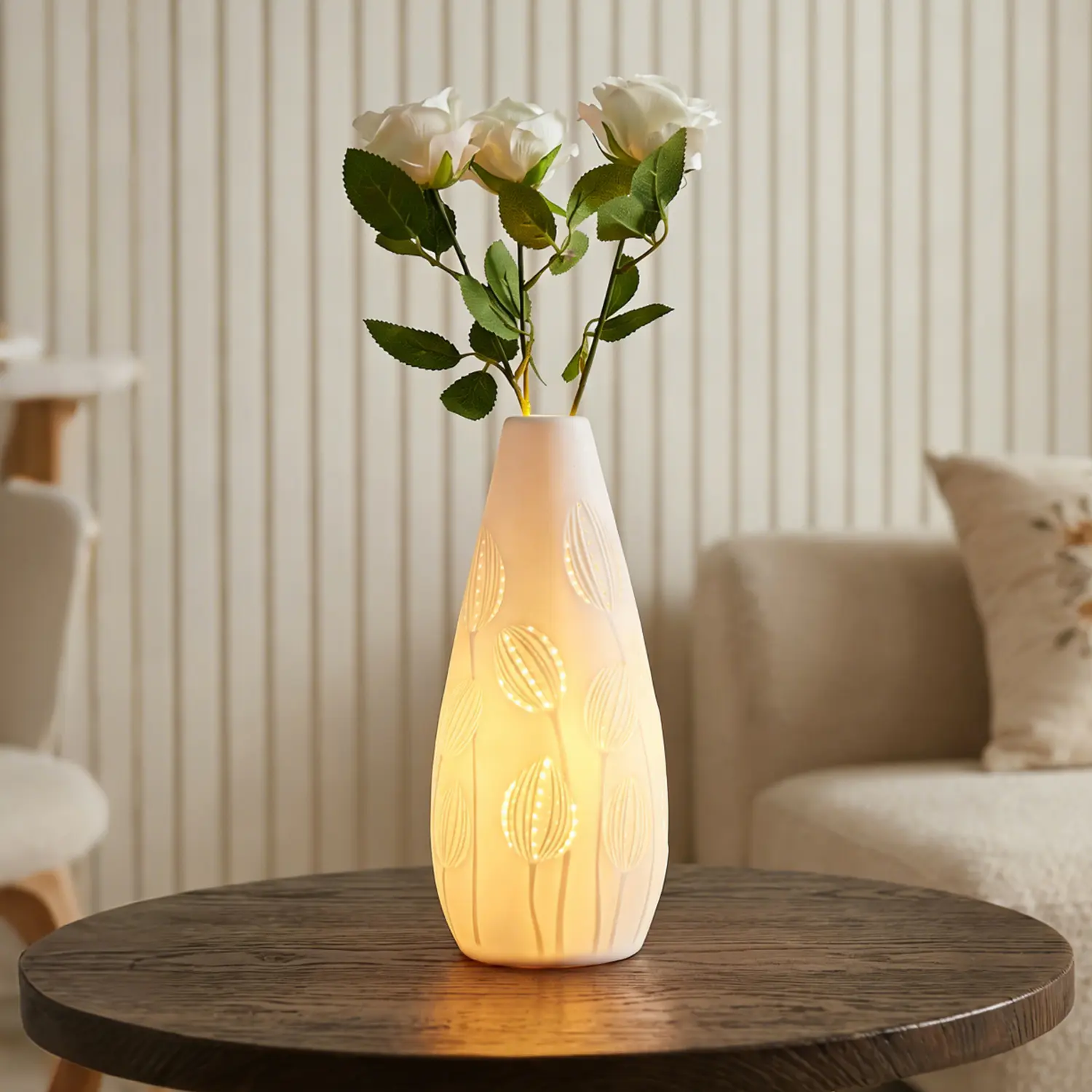 TACAHE Ceramic Vase Table Lamp, 2700K Bulb & 3 Artificial Flowers Included, E12 Socket, Inline Switch, Handmade Openwork Craft, Ambient Light for Living Room Bedroom - Tulip 11"