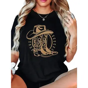 Women's Casual Black Washed T-Shirt with Western Cowboy Boot Hat Print Loose Fit Round Neck Short Sleeve Stretch Blend Perfect for Spring Summer Western T Shirts